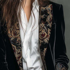 Women's black baroque print slim fit blazer with statement lapels and single-breasted front