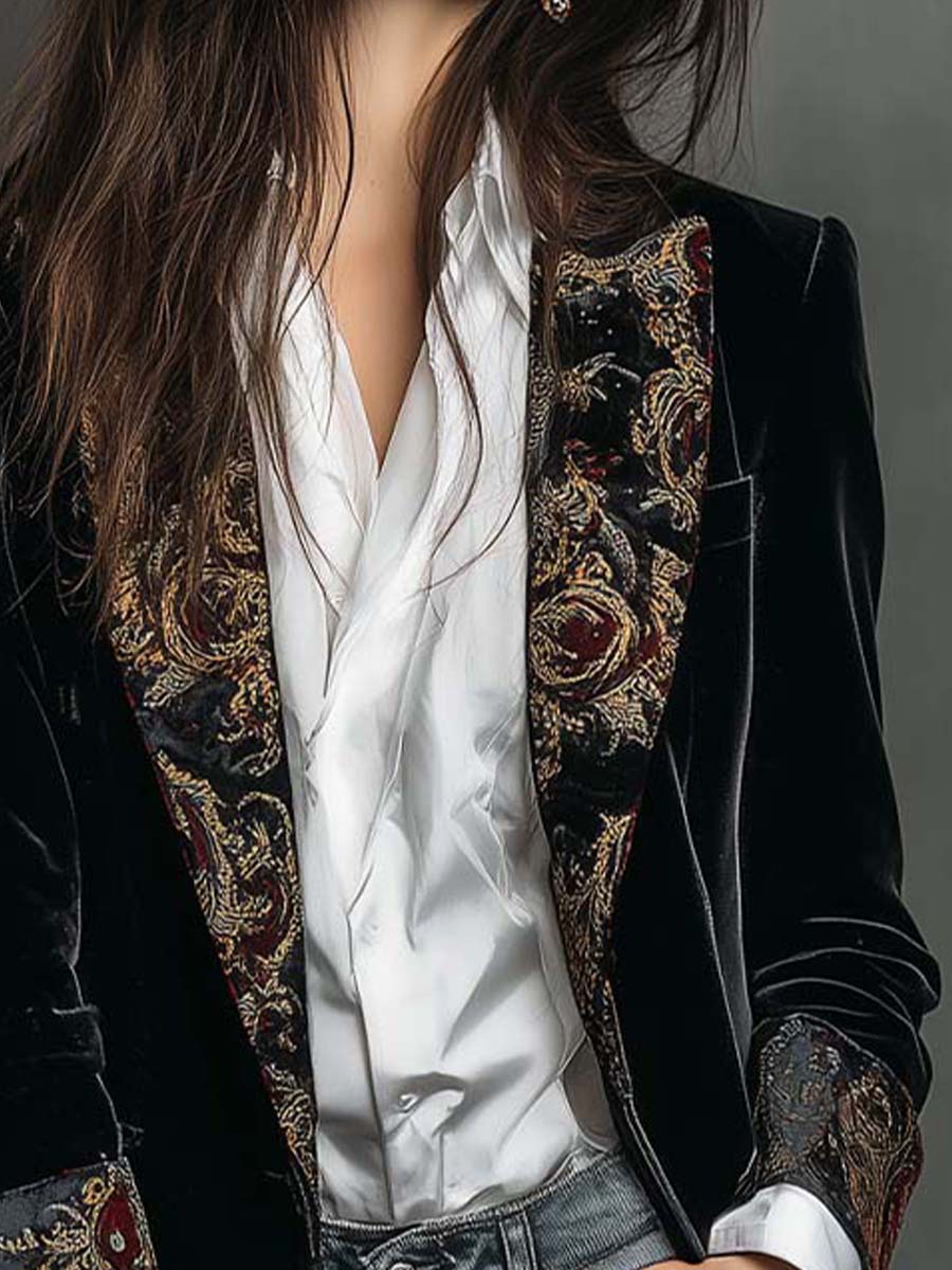Women's black baroque print slim fit blazer with statement lapels and single-breasted front