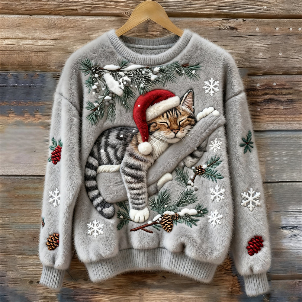 Women's crew neck sweater with a festive cat graphic and winter motifs, long sleeves and ribbed cuffs