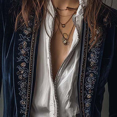 Women's vintage embroidered longline jacket with ornate lapel and cuff detailing