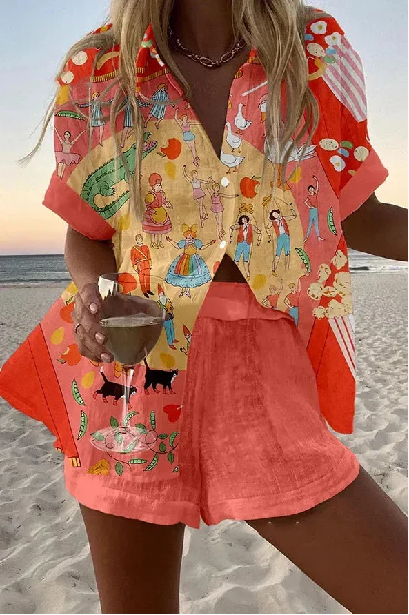 Coral summer coordinated set with whimsical storybook print shirt and matching tonal shorts