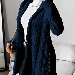 Women's hooded longline cardigan with button-front closure and raised textured surface