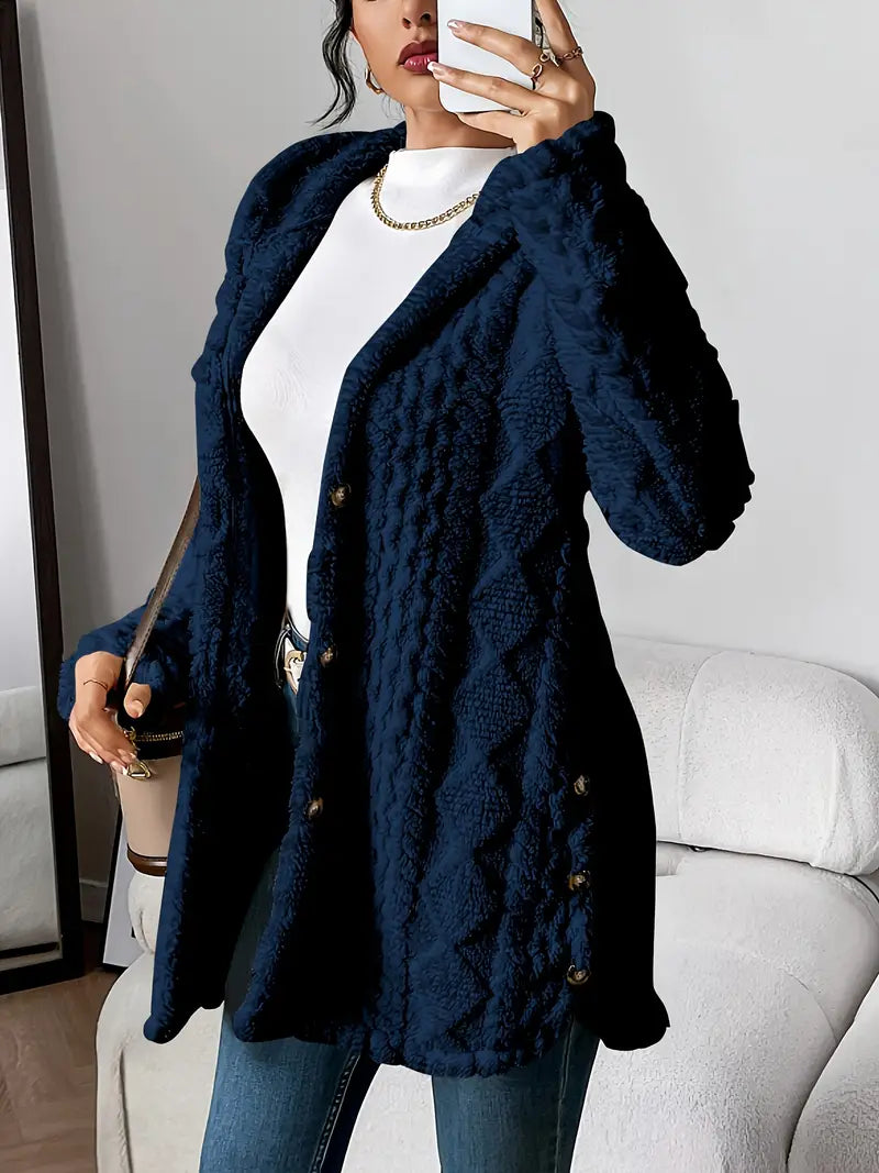 Women's hooded longline cardigan with button-front closure and raised textured surface