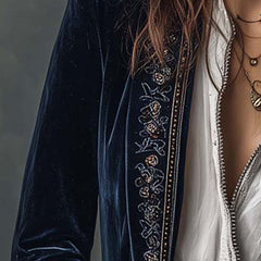 Women's vintage embroidered longline jacket with ornate lapel and cuff detailing