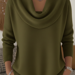 Women's cowl neck knit sweater with draped collar, long sleeves and ribbed hem