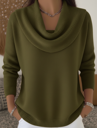 Women's cowl neck knit sweater with draped collar, long sleeves and ribbed hem