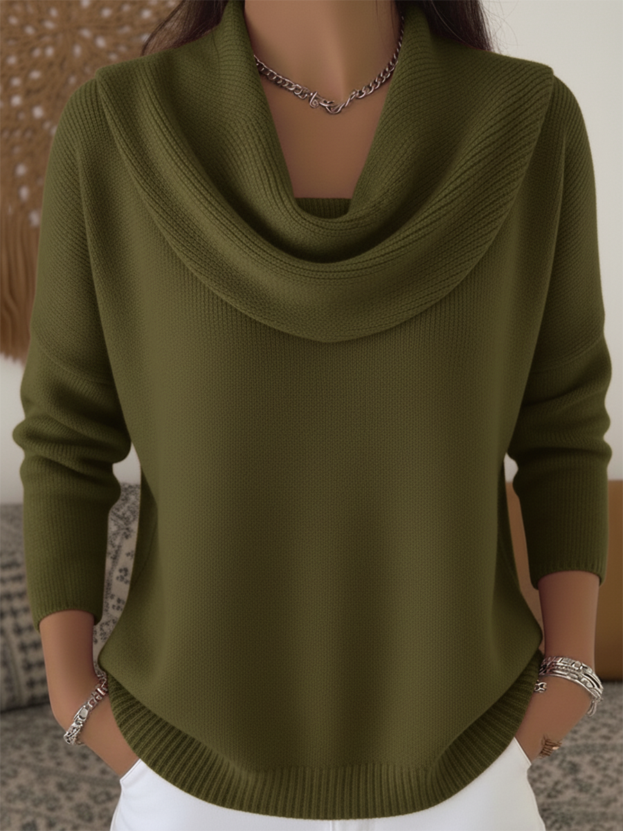 Women's cowl neck knit sweater with draped collar, long sleeves and ribbed hem