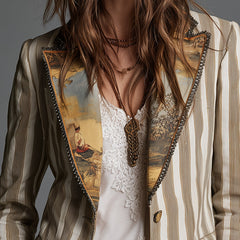 Women's khaki boho striped lapel blazer with long sleeves and relaxed silhouette