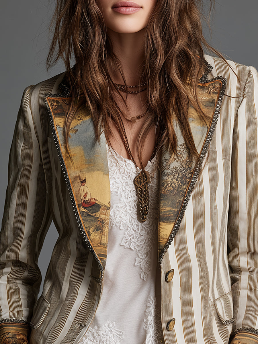 Women's khaki boho striped lapel blazer with long sleeves and relaxed silhouette