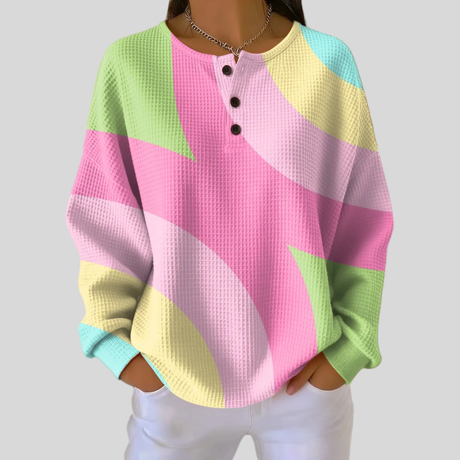 Pastel colour-block waffle-knit Henley sweatshirt with two-button neckline