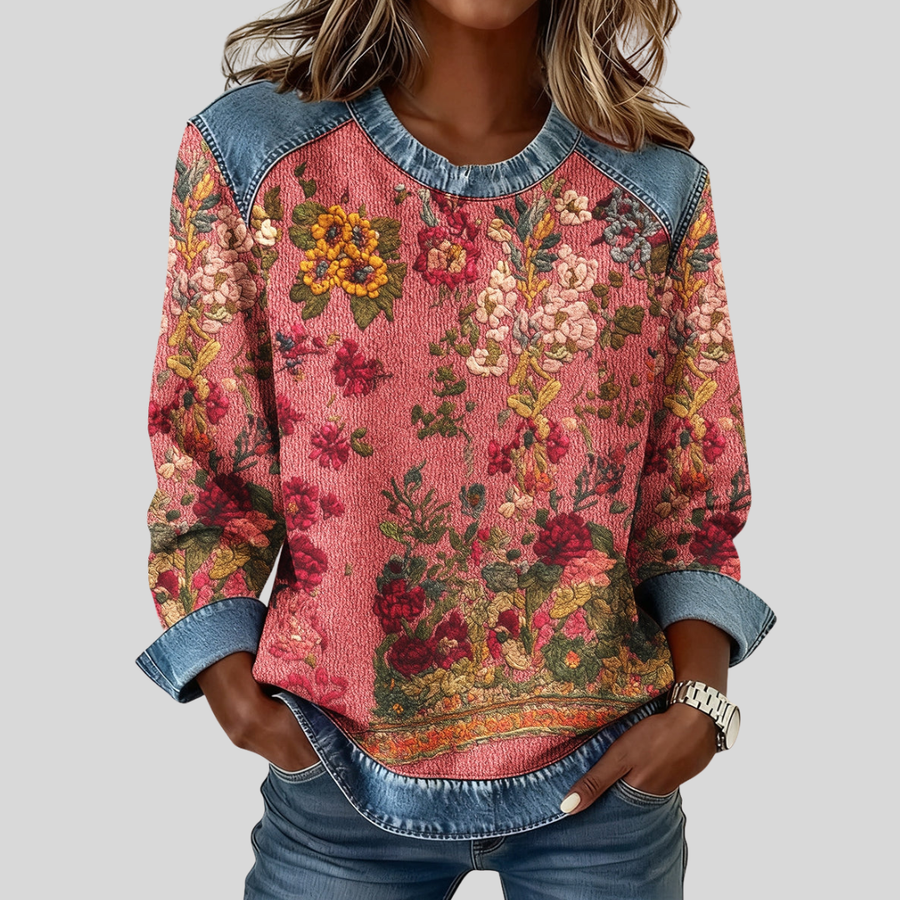 Floral print sweatshirt with denim-style collar and rolled cuffs in pink, red, yellow and green