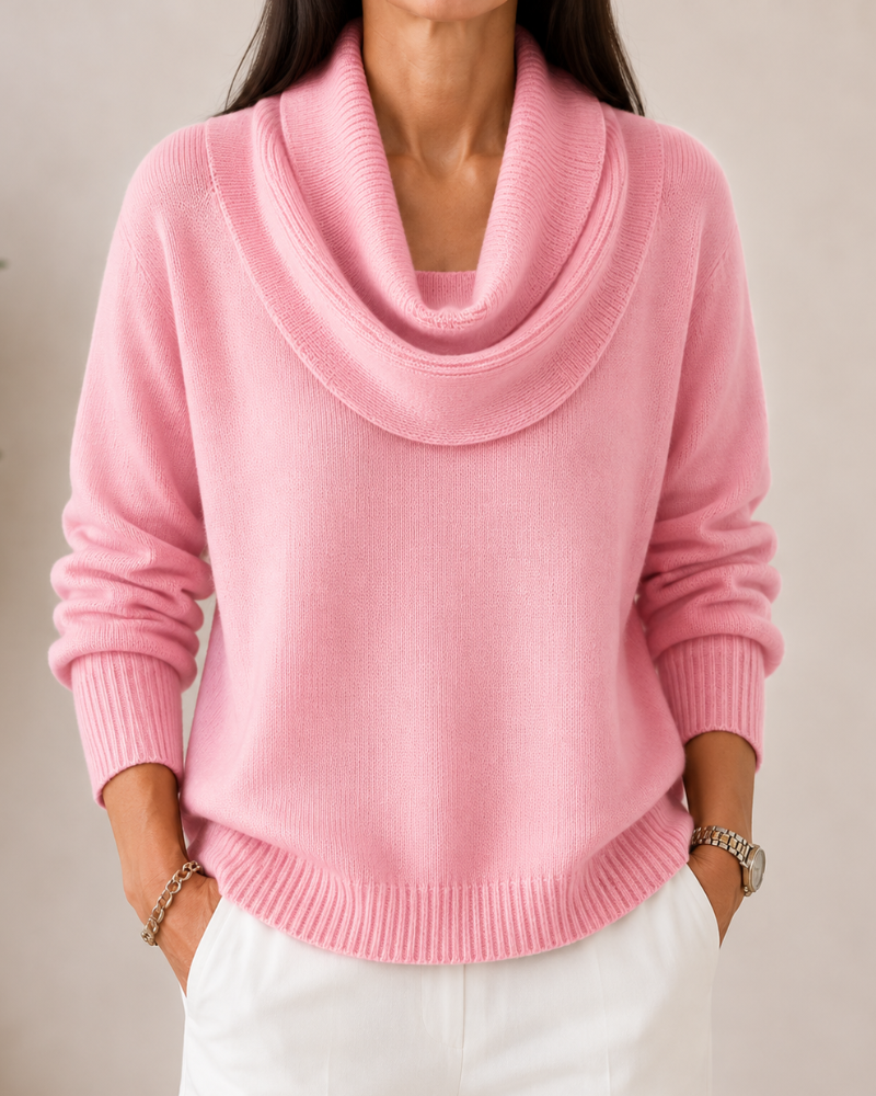 Caralina elegant cowl neck knit jumper with softly draped neckline and relaxed fit