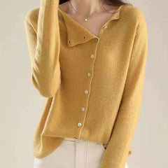 Women's V-neck button-front long sleeve cardigan with softly shaped collar and hip-length hem