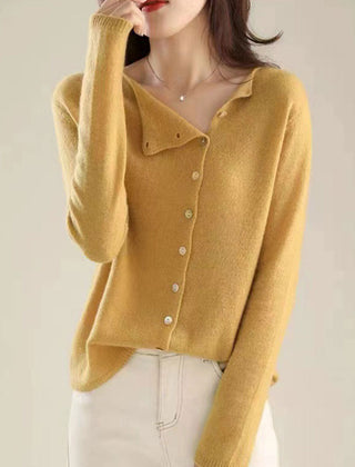 Women's V-neck button-front long sleeve cardigan with softly shaped collar and hip-length hem