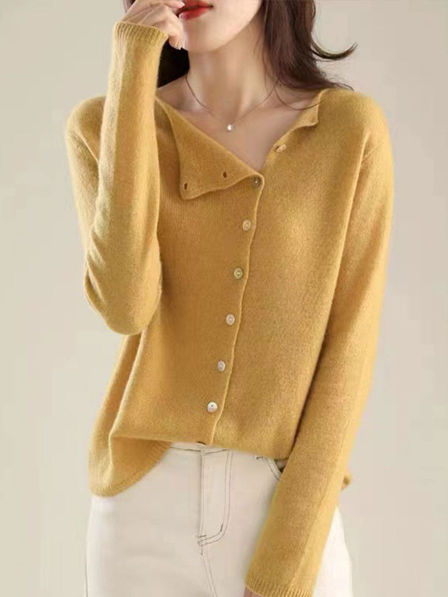 Women's V-neck button-front long sleeve cardigan with softly shaped collar and hip-length hem