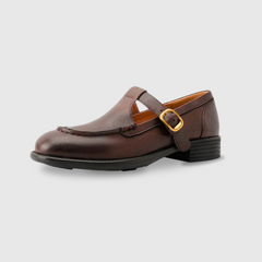 Delia retro T-strap Mary Jane shoes with rounded toe, gold-tone buckle and low block heel