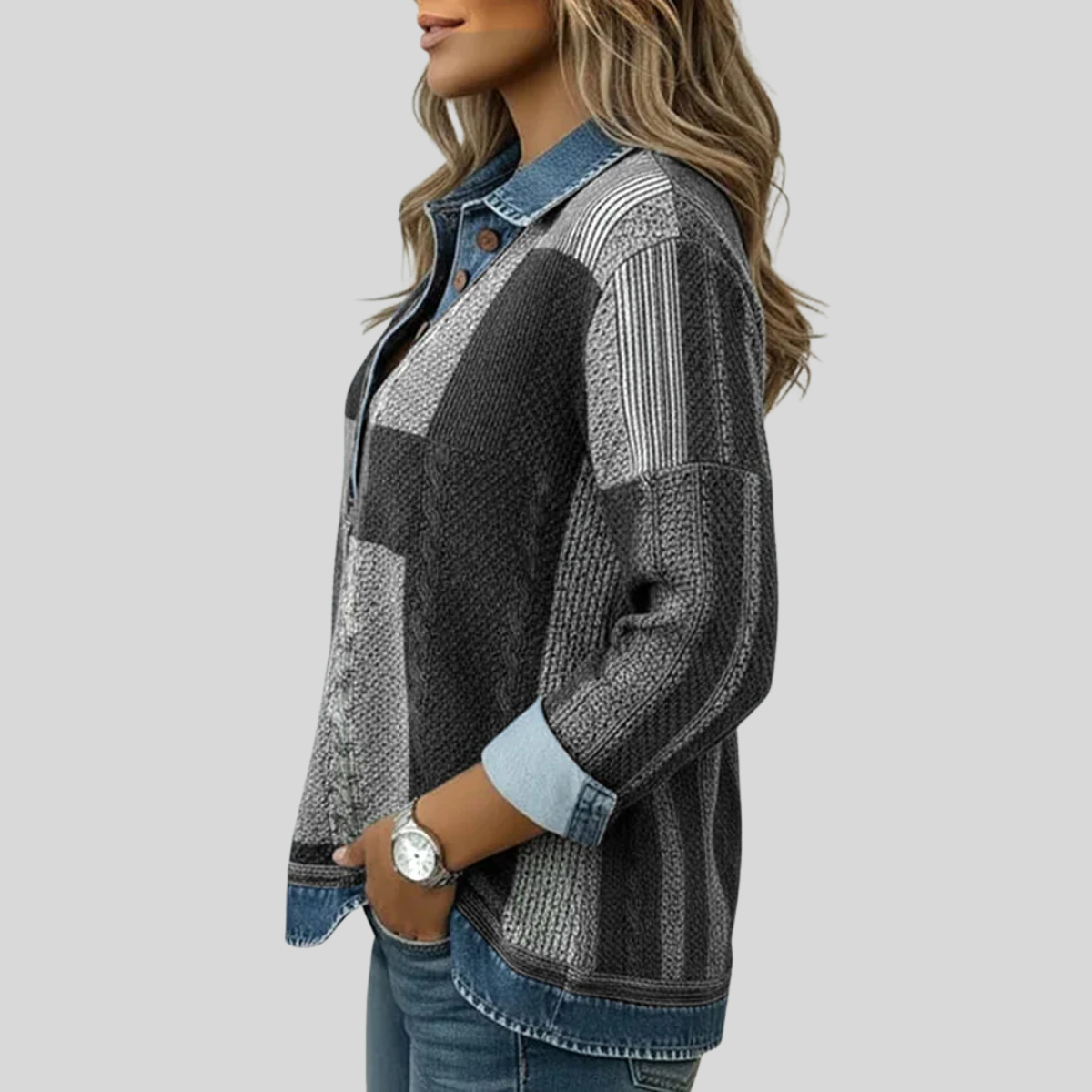 Colourblock knit sweatshirt with button placket, contrast collar and rolled cuffs in blue, black and brown