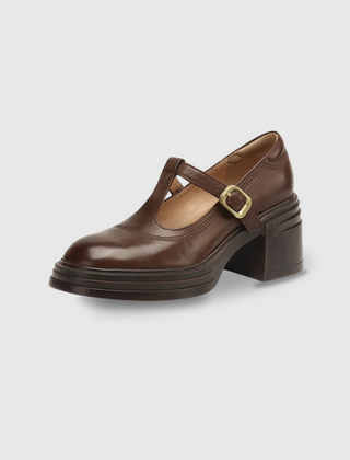 Rowena chunky block heel Mary Jane pumps with T-strap gold buckle and round toe