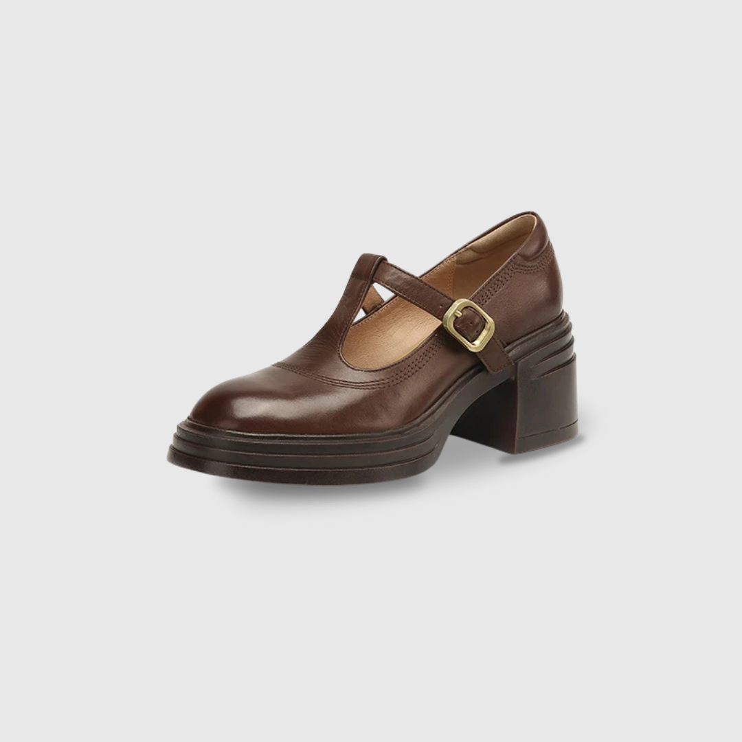 Rowena chunky block heel Mary Jane pumps with T-strap gold buckle and round toe
