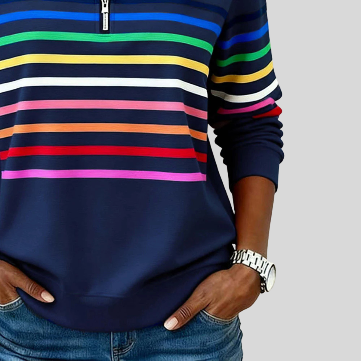Colourful horizontal striped quarter-zip sweatshirt with silver zip and ribbed cuffs