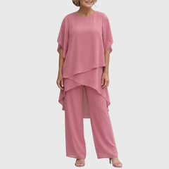 Women's flowing chiffon top with matching wide-leg trousers two-piece set