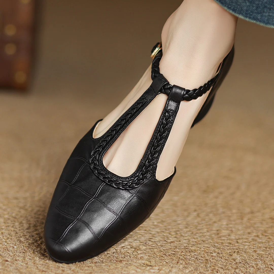 Women's leather T-strap Mary Jane flats with braided strap, buckle and pointed toe