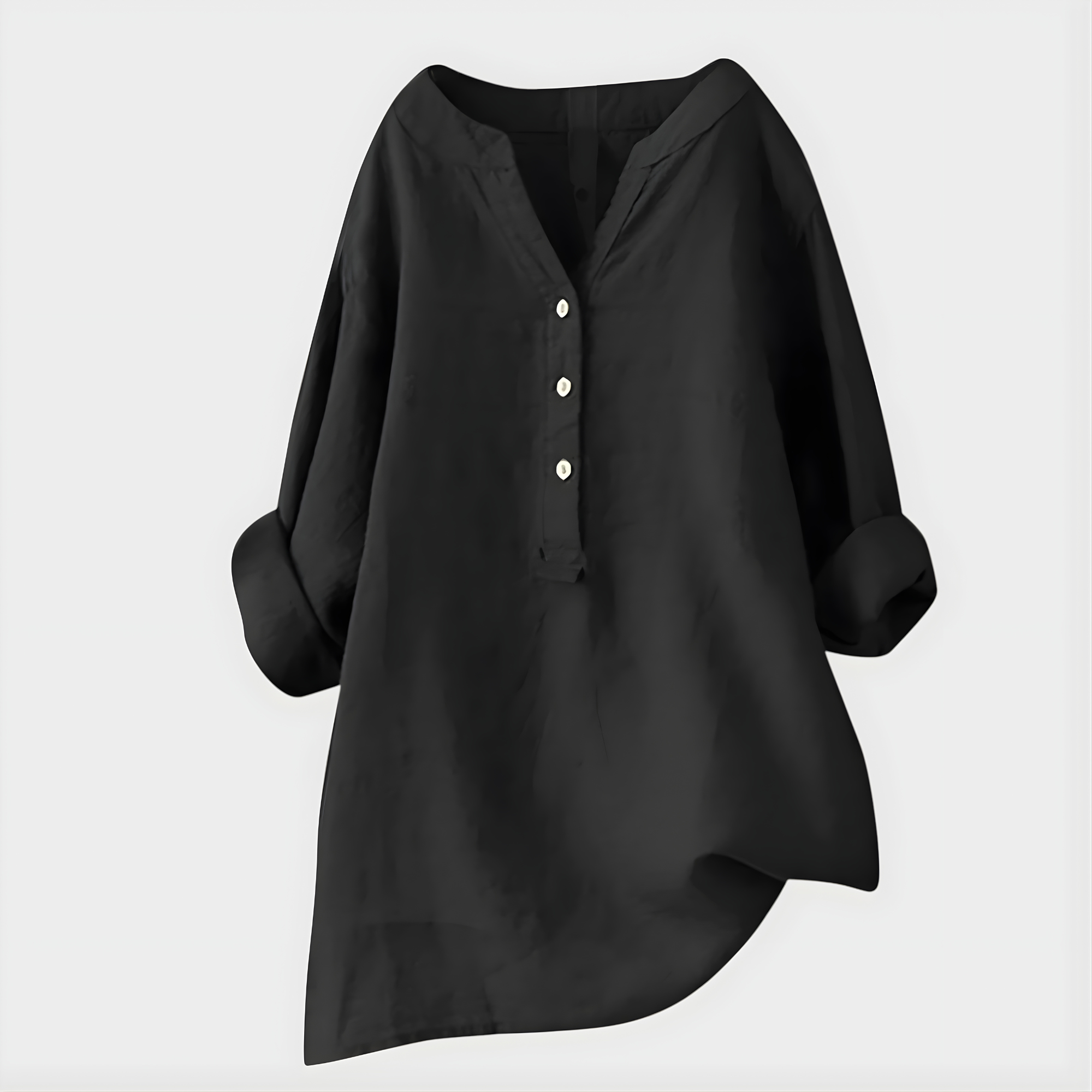 Woman wearing a relaxed cotton-linen V-neck blouse with soft draping