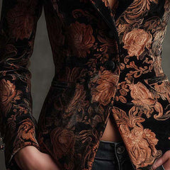 Women's tailored single-breasted blazer in black with a bronze floral print