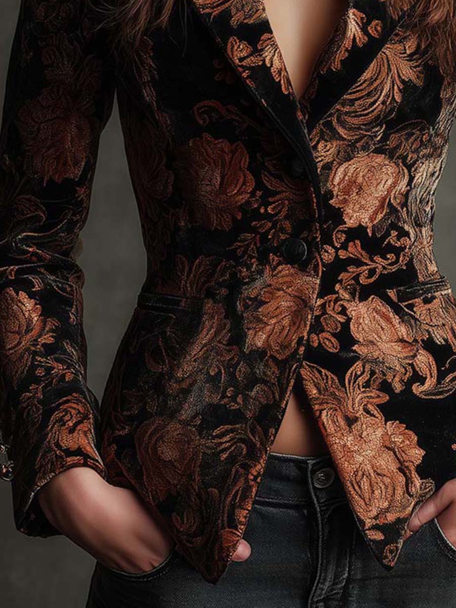 Women's tailored single-breasted blazer in black with a bronze floral print