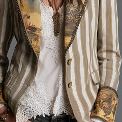 Women's khaki boho striped lapel blazer with long sleeves and relaxed silhouette