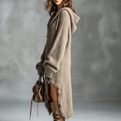 Fuzzy knit hooded midi dress with oversized fit and asymmetrical raw-edge hem