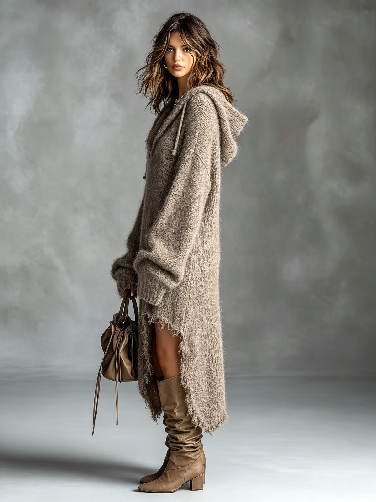 Fuzzy knit hooded midi dress with oversized fit and asymmetrical raw-edge hem