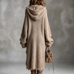 Fuzzy knit hooded midi dress with oversized fit and asymmetrical raw-edge hem