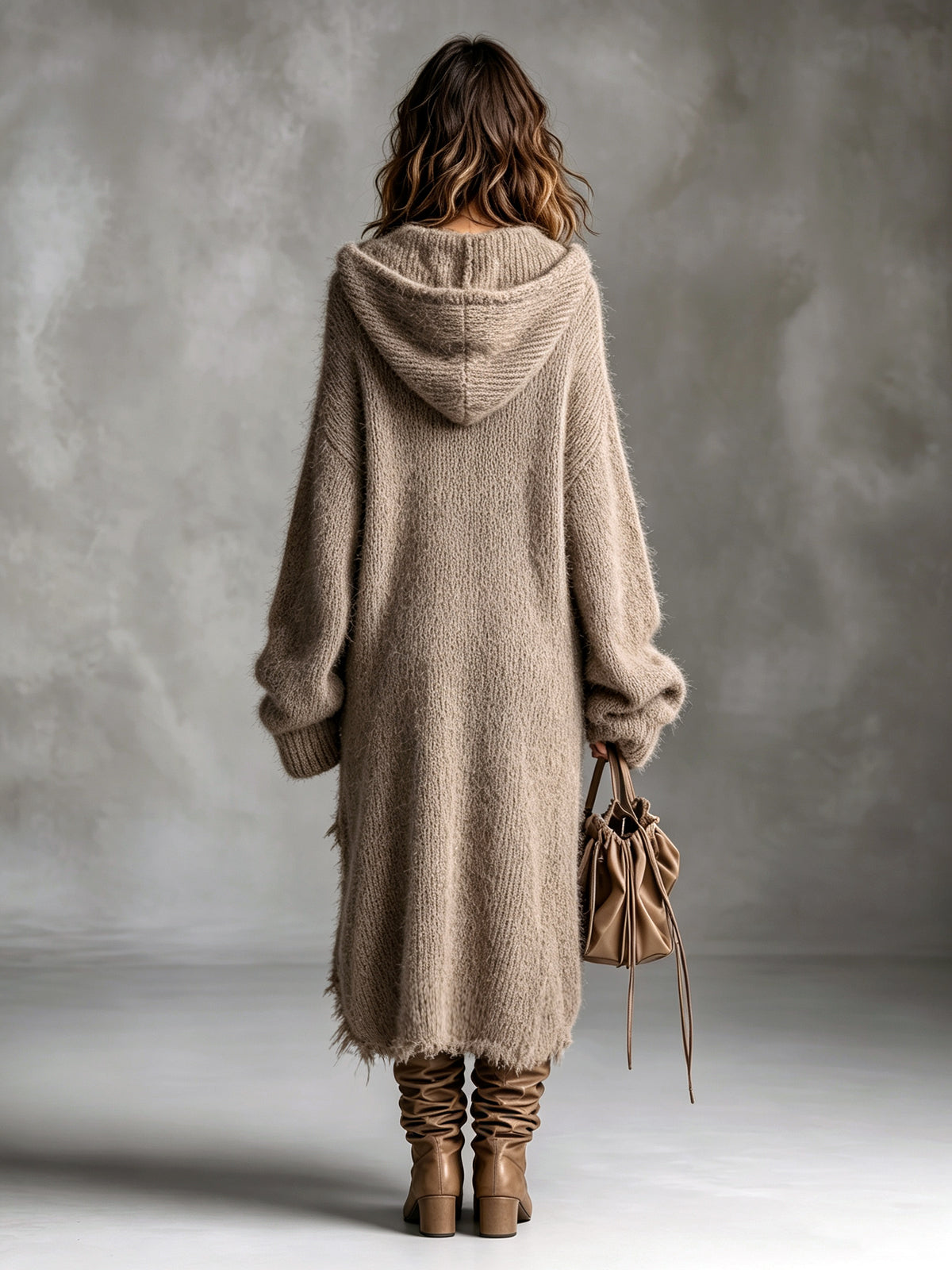 Fuzzy knit hooded midi dress with oversized fit and asymmetrical raw-edge hem