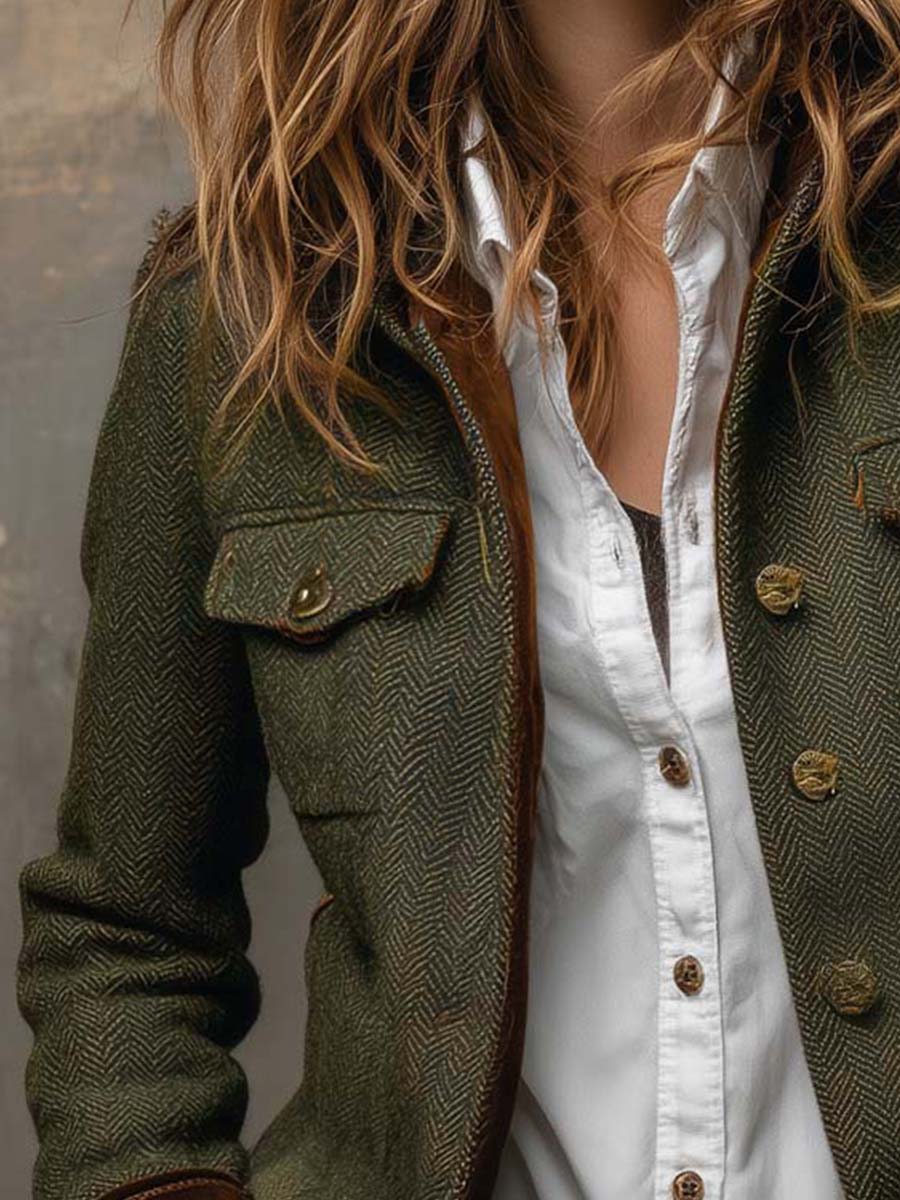 Olive herringbone blazer with contrast collar and cuff trim and structured tailored silhouette