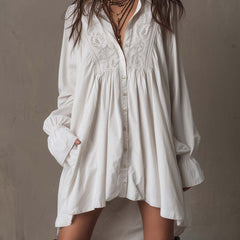 White lace detail long sleeve shirt mini dress with irregular hem