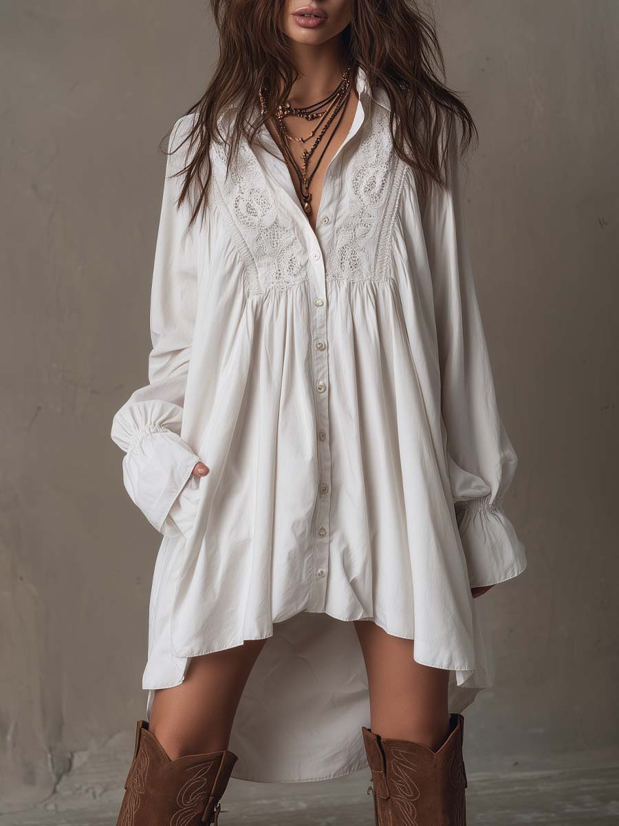 White lace detail long sleeve shirt mini dress with irregular hem