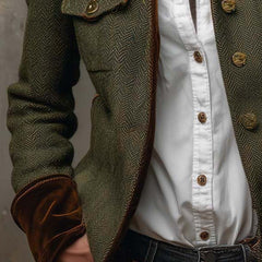 Olive herringbone blazer with contrast collar and cuff trim and structured tailored silhouette