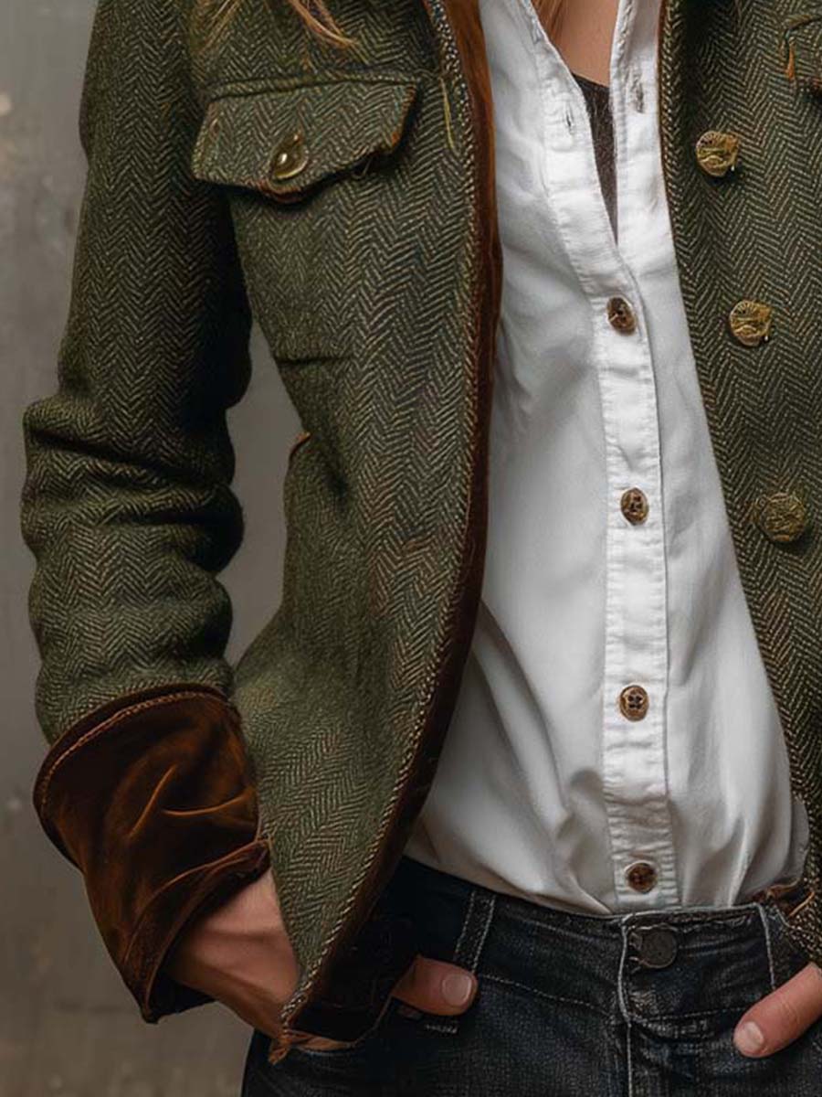 Olive herringbone blazer with contrast collar and cuff trim and structured tailored silhouette