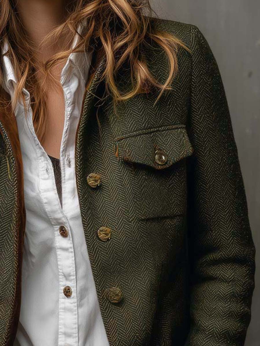 Olive herringbone blazer with contrast collar and cuff trim and structured tailored silhouette