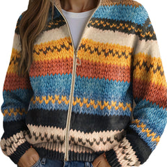 Multicolor zigzag striped knit cardigan with gold zip front, ribbed cuffs and cropped hem