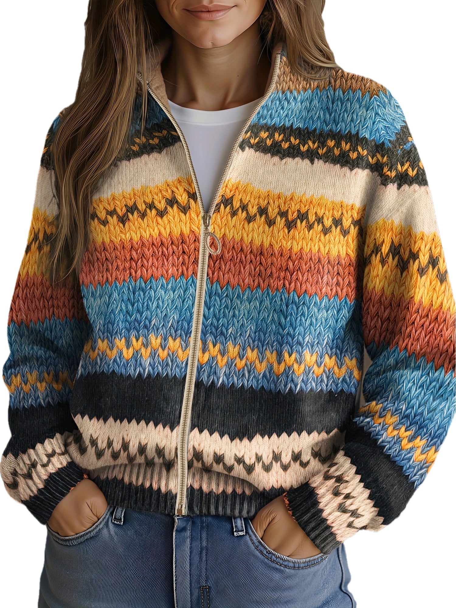 Multicolor zigzag striped knit cardigan with gold zip front, ribbed cuffs and cropped hem