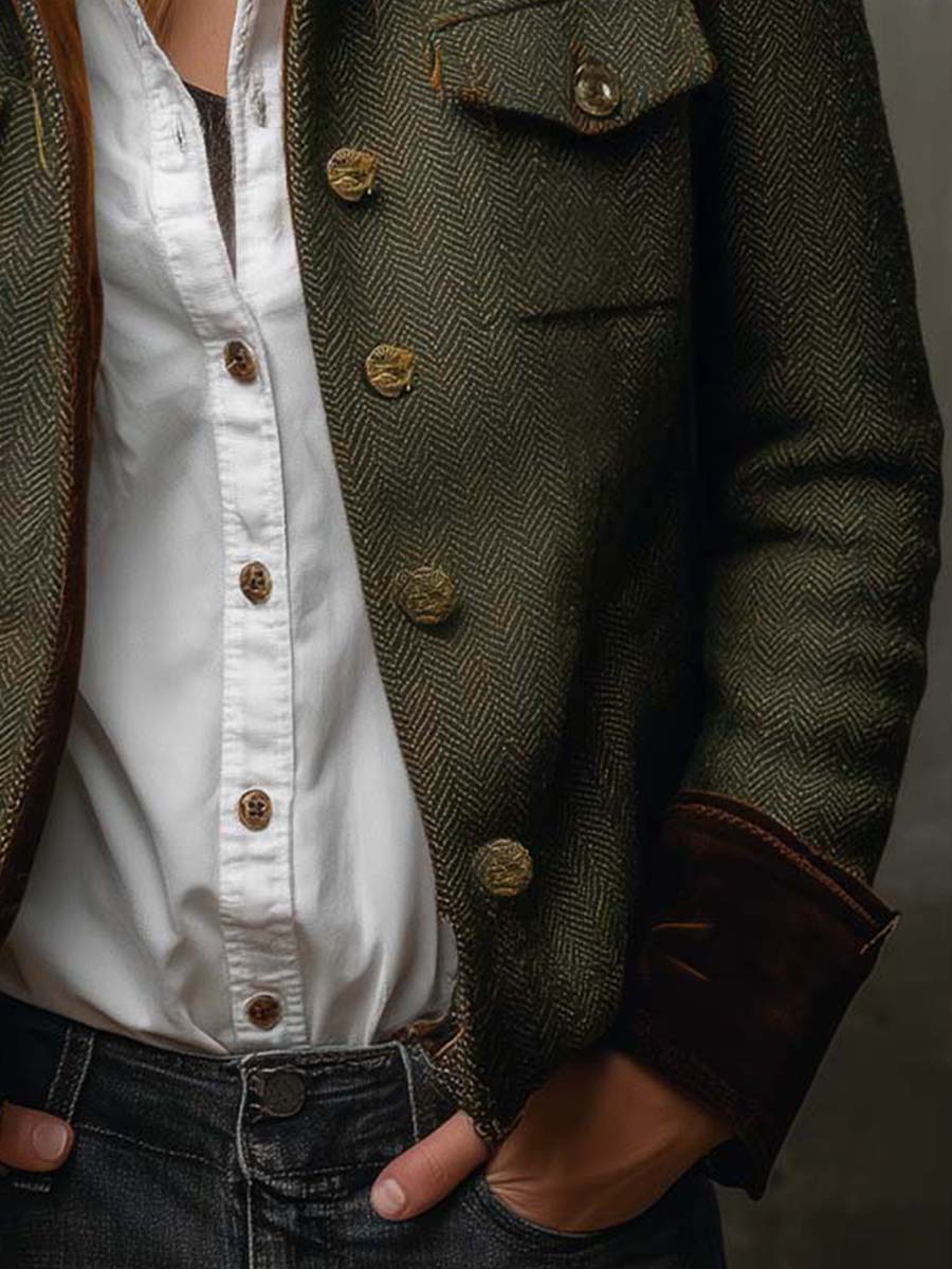 Olive herringbone blazer with contrast collar and cuff trim and structured tailored silhouette