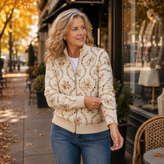 Cream zip-front cardigan with delicate peach, rust and sage floral vine print