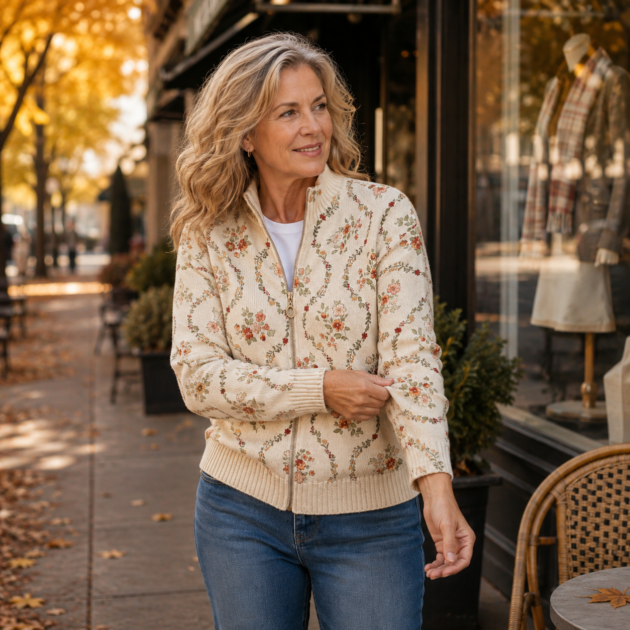 Cream zip-front cardigan with delicate peach, rust and sage floral vine print