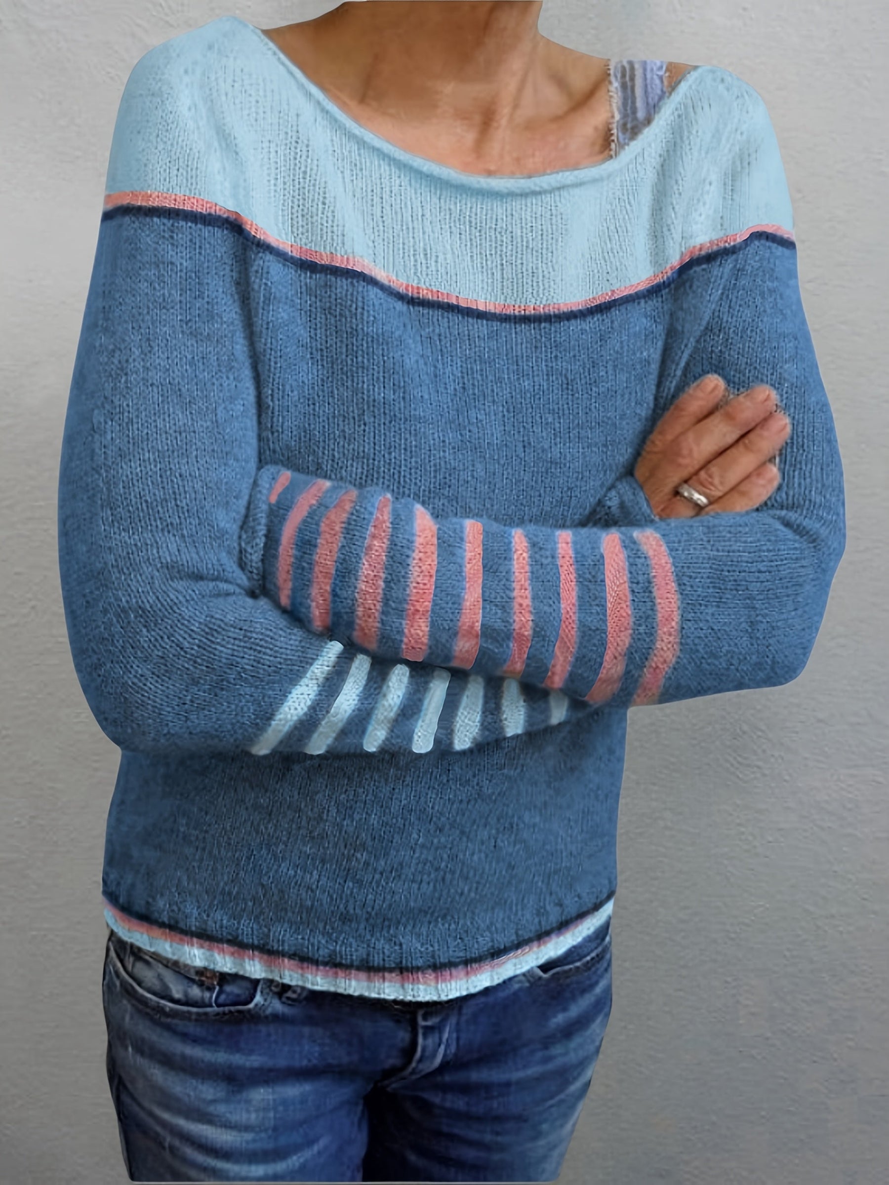 Norelle striped colour-block pullover sweater with scooped neckline and ribbed cuffs