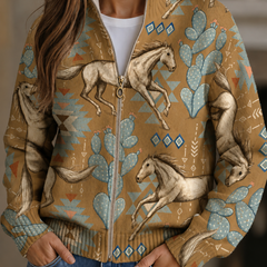 Zip cardigan with cream horses and sage cactus Southwestern print on a warm tan background