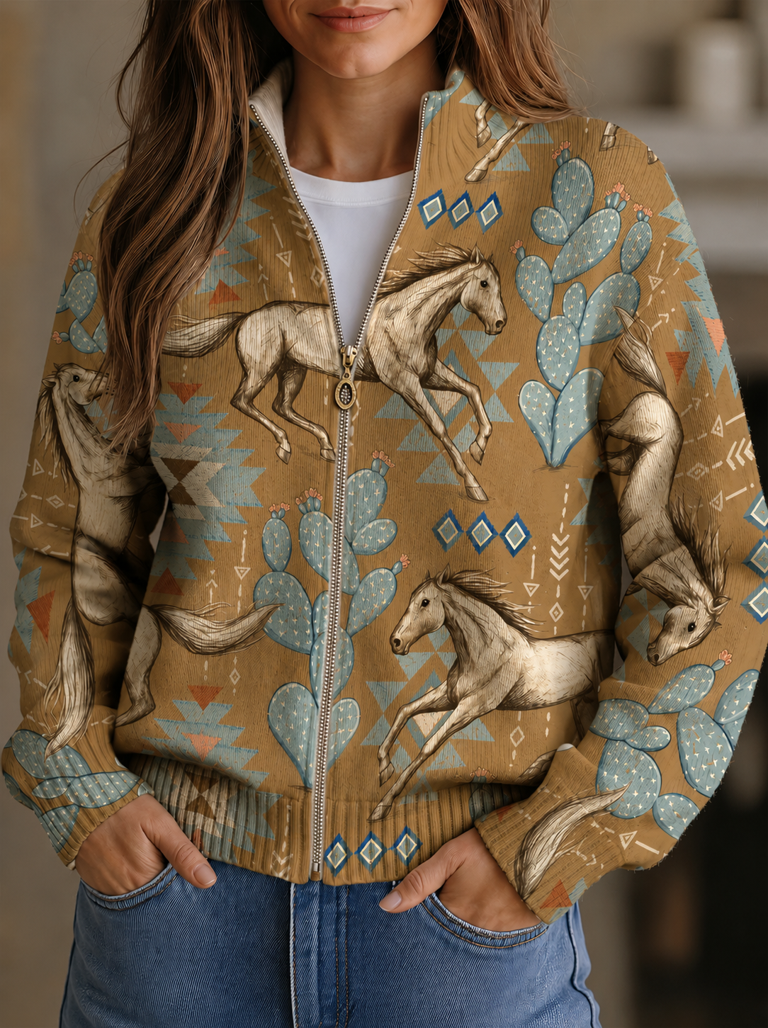 Zip cardigan with cream horses and sage cactus Southwestern print on a warm tan background