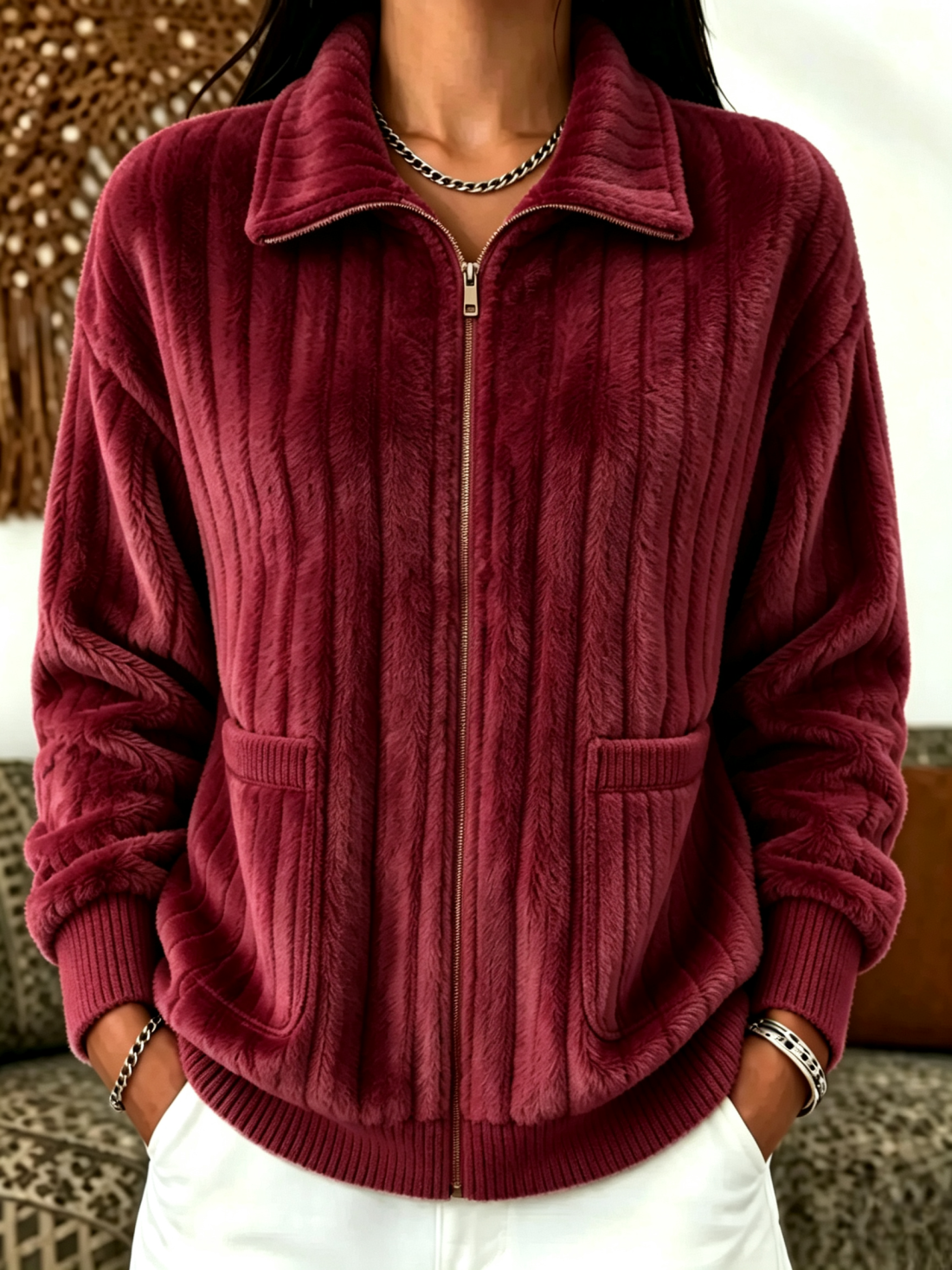 Burgundy plush fleece full-zip jacket with lapel collar, side pockets and ribbed cuffs