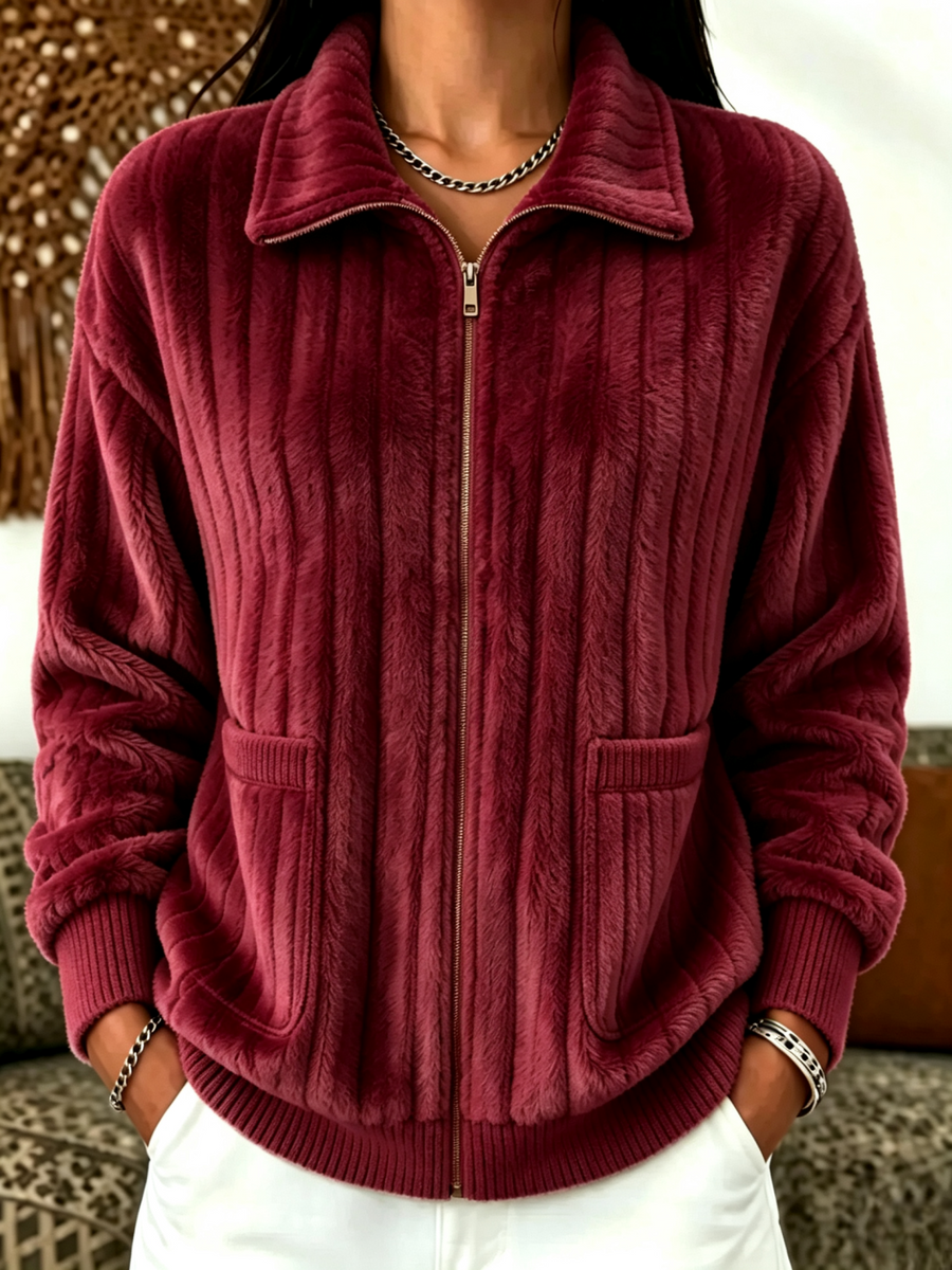 Burgundy plush fleece full-zip jacket with lapel collar, side pockets and ribbed cuffs